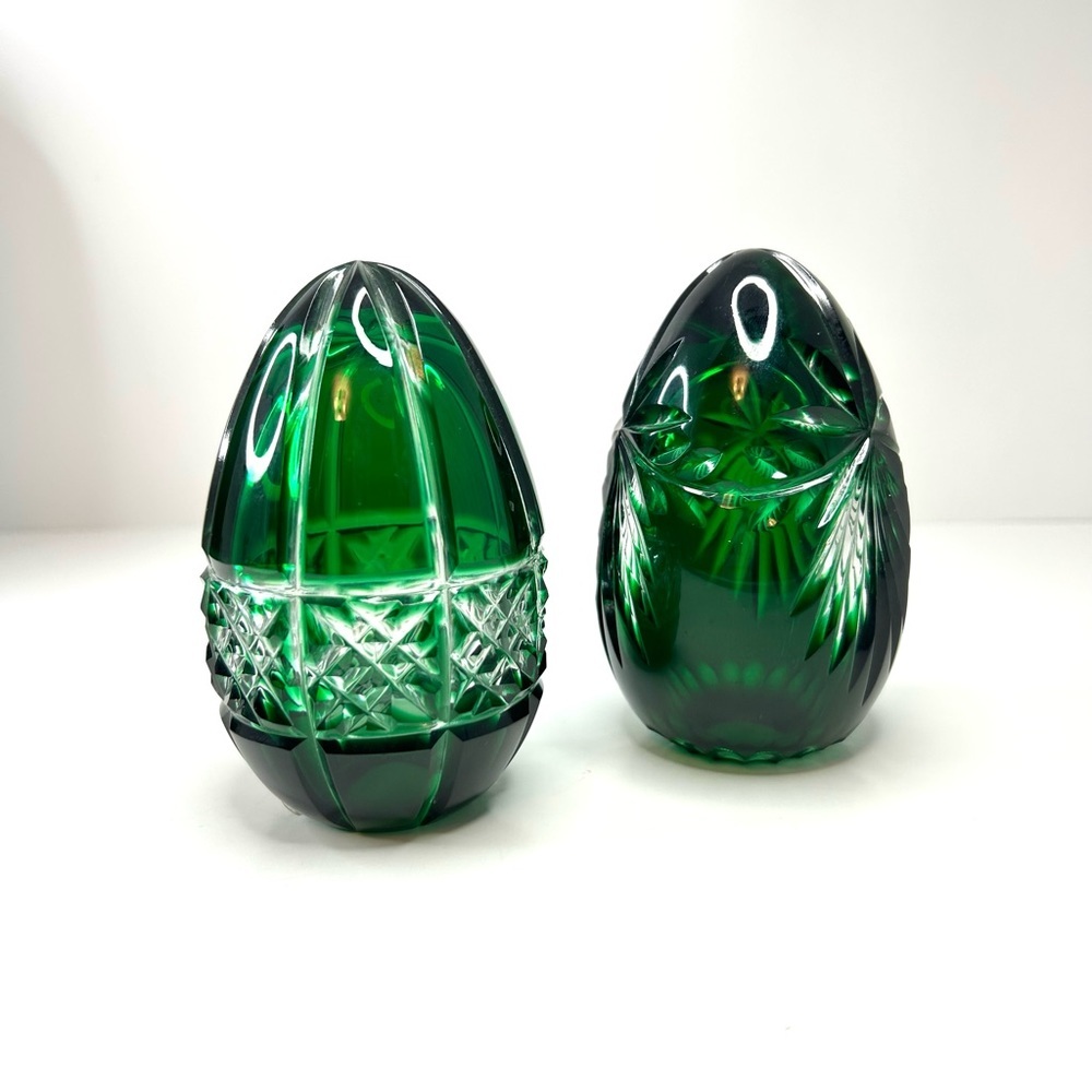 Emerald Green Hungarian Glass Cut To Clear Crystal Eggs Pair